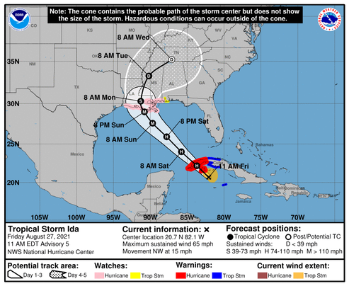 20210827 Ida 155544 5day cone with line and wind