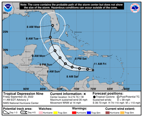 20220923 TD9 145524 5day cone with line and wind
